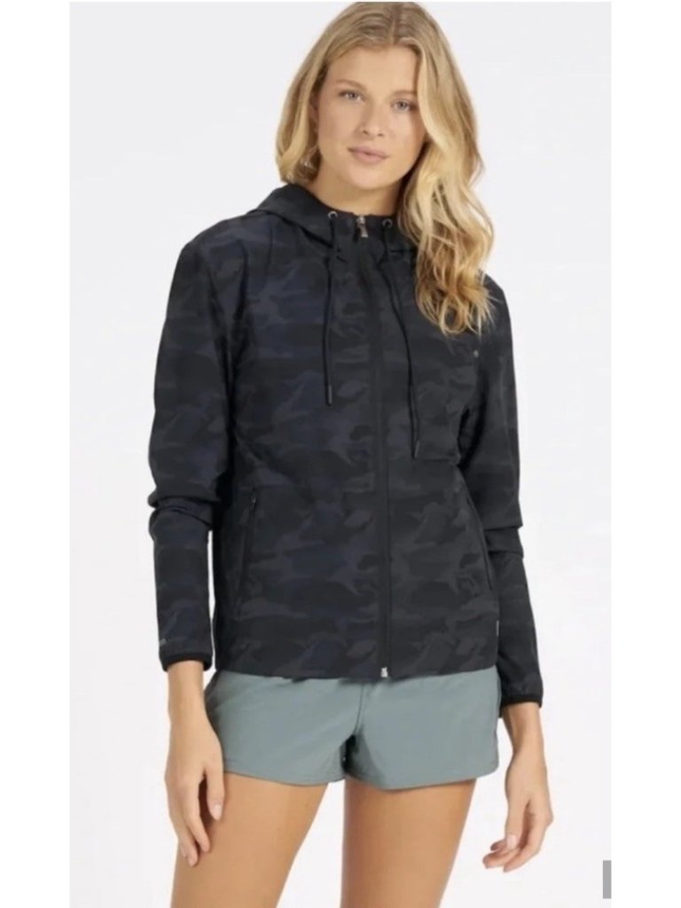 Vuori Woman's Sz M Outdoor Trainer Jacket Shell Lightweight Zip Hood Black Camo